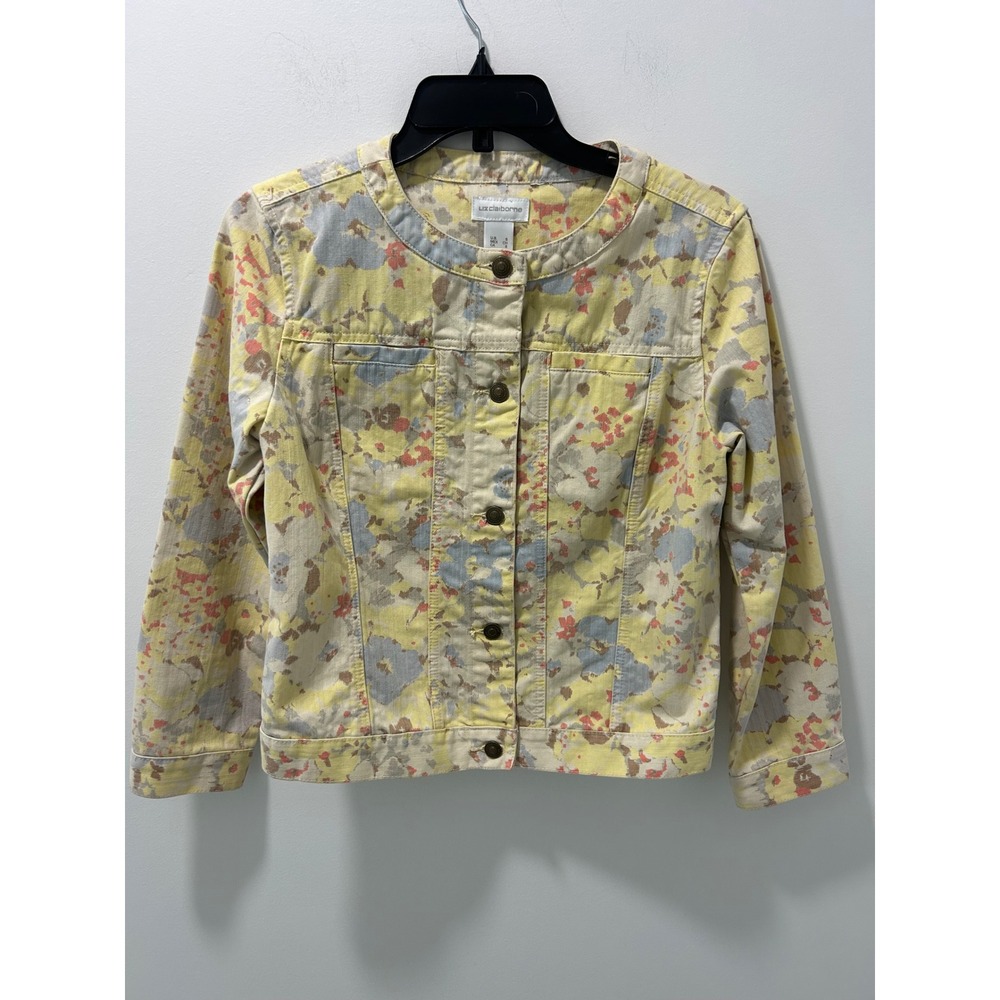 Liz Claiborne Womens Floral Denim Jacket Yellow Blue Cotton Button Up Size S